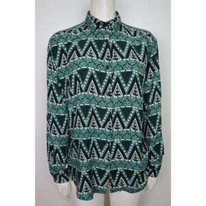 WOMEN'S GREEN PRINT LONG SLEEVE BUTTON-UP SHIRT - JESSICA STEVENS - SIZE L